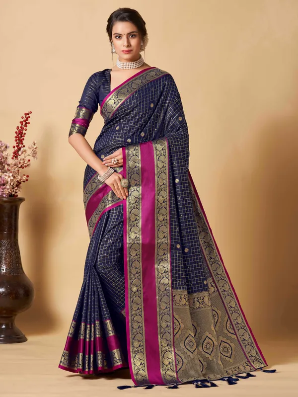 Navy_Blue_Kanjivaram_Silk_Fabric_With_Zari_Weaiwng_Rich_Pallu_And_Contrast_Zari_Weaiwng_Border_Saree