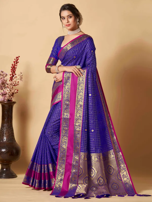 Royal_Blue_Kanjivaram_Silk_Fabric_With_Zari_Weaiwng_Rich_Pallu_And_Contrast_Zari_Weaiwng_Border_Saree