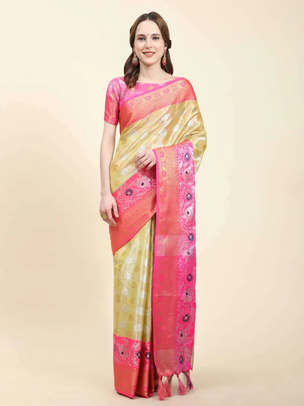 Yellow_Light_Pink_Soft_Banarasi_Tussar_Silk_With_Beautiful_Gold_Zari_Weaving_With_Rich_Pallu_Saree