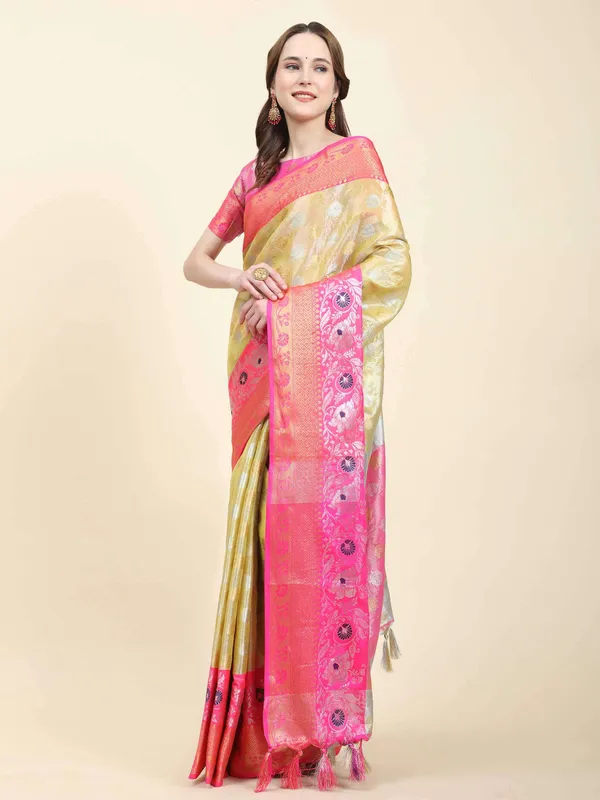 Yellow_Light_Pink_Soft_Banarasi_Tussar_Silk_With_Beautiful_Gold_Zari_Weaving_With_Rich_Pallu_Saree
