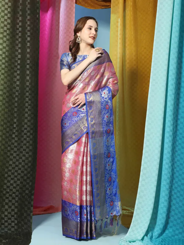 Pink_Blue_Soft_Banarasi_Tussar_Silk_With_Beautiful_Gold_Zari_Weaving_With_Rich_Pallu_Saree