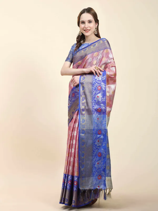 Pink_Blue_Soft_Banarasi_Tussar_Silk_With_Beautiful_Gold_Zari_Weaving_With_Rich_Pallu_Saree