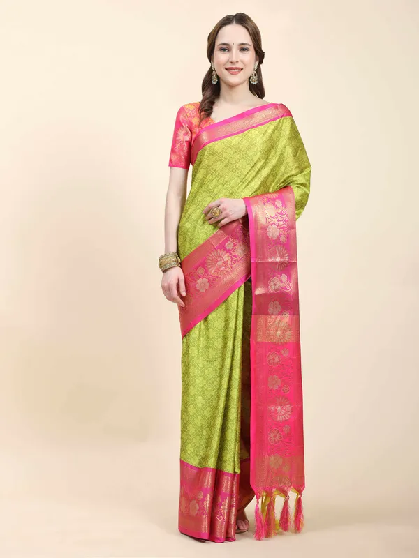 Lemon_Green_Pink_Soft_Silk_With_Attractive_Contrast_Dual_Tone_Jari_Border_Saree