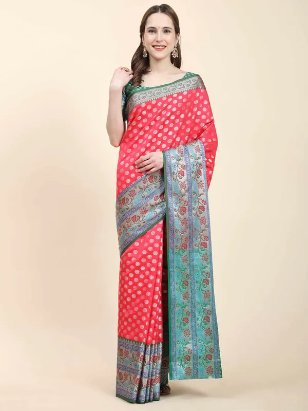 Peach_Green_Pure_Handloom_Kanchipuram_Silk_With_Antique_Real_Silver_Zari_Weaving_Saree