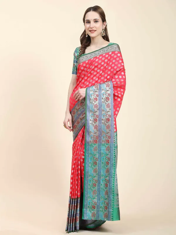 Peach_Green_Pure_Handloom_Kanchipuram_Silk_With_Antique_Real_Silver_Zari_Weaving_Saree