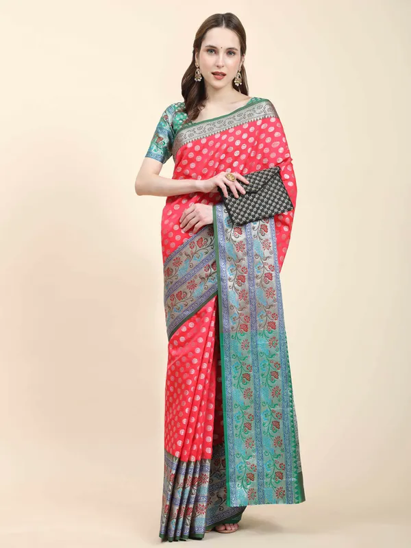 Peach_Green_Pure_Handloom_Kanchipuram_Silk_With_Antique_Real_Silver_Zari_Weaving_Saree