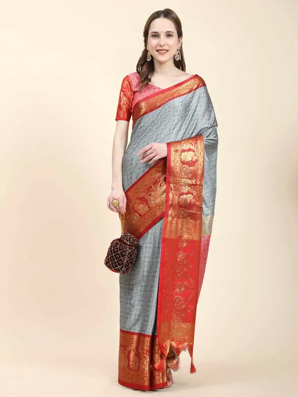 Grey_Red_Soft_Silk_With_Attractive_Contrast_Dual_Tone_Jari_Border_Saree