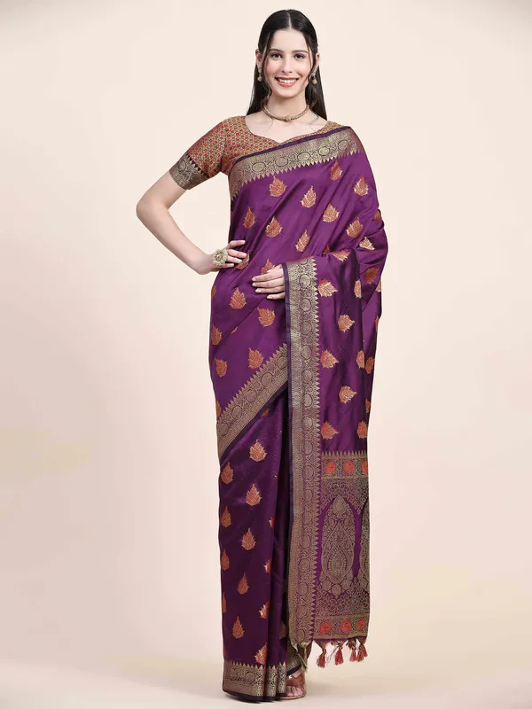 Purple_Beautiful_Gold_Zari_Weaving_Jacquard_Border_And_Mina_Butta_Tassle_Saree