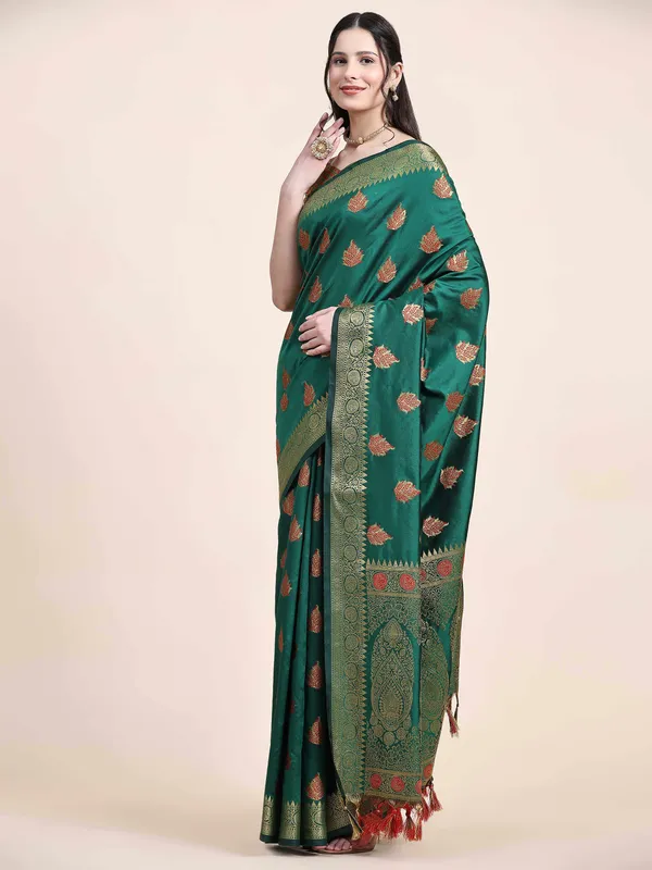 Green_Beautiful_Gold_Zari_Weaving_Jacquard_Border_And_Mina_Butta_Tassle_Saree