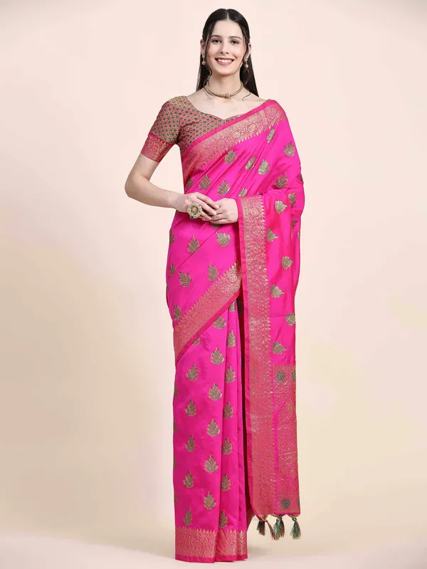 Pink_Beautiful_Gold_Zari_Weaving_Jacquard_Border_And_Mina_Butta_Tassle_Saree