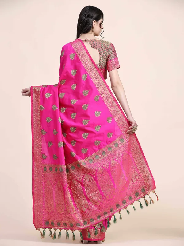 Pink_Beautiful_Gold_Zari_Weaving_Jacquard_Border_And_Mina_Butta_Tassle_Saree