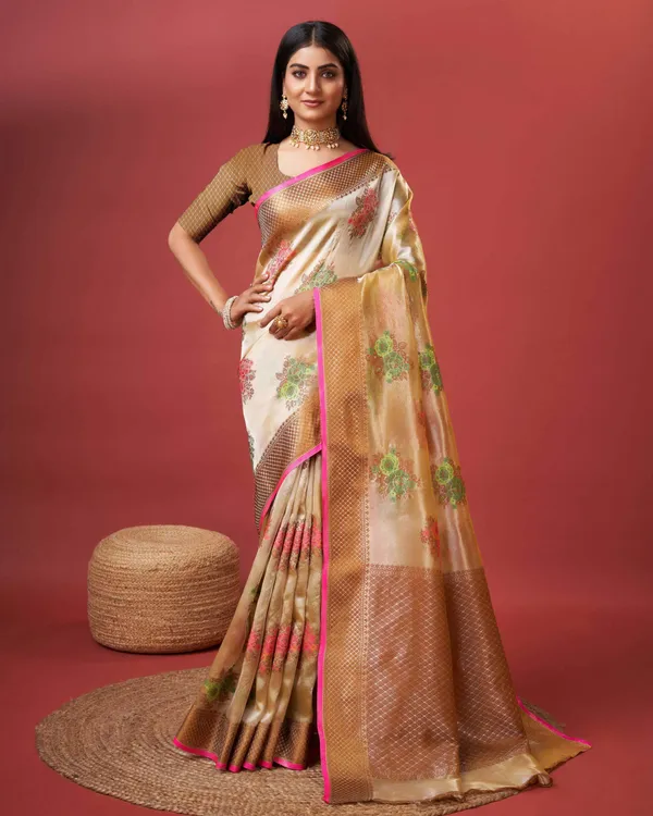 Cream_Beautiful_Gold_Zari_Weaving_Jacquard_Border_And_Mina_Butta_Tassle_Saree