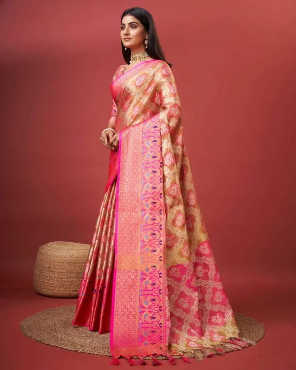 Peach_Pure_Organza_Silk_With_Zari_Pallu_And_Rich_Zari_Wooven_Border_With_Weaving_Design_Tassle_Saree