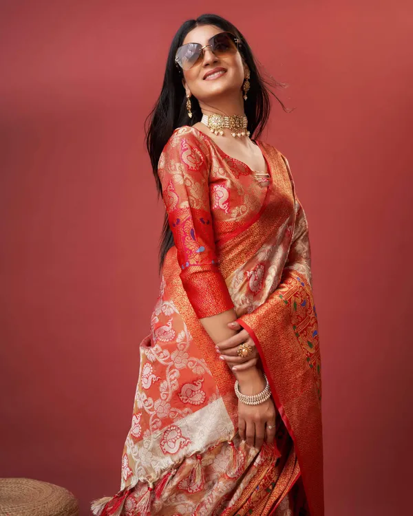 Red_Pure_Organza_Silk_With_Zari_Pallu_And_Rich_Zari_Wooven_Border_With_Weaving_Design_Tassle_Saree