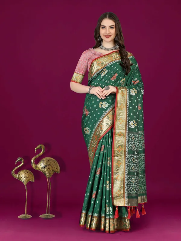 Olive_Green_Soft_Patola_Silk_Sari_With_Meenakari_Zari_Weaving_Motifs