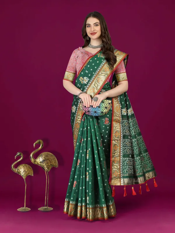 Olive_Green_Soft_Patola_Silk_Sari_With_Meenakari_Zari_Weaving_Motifs