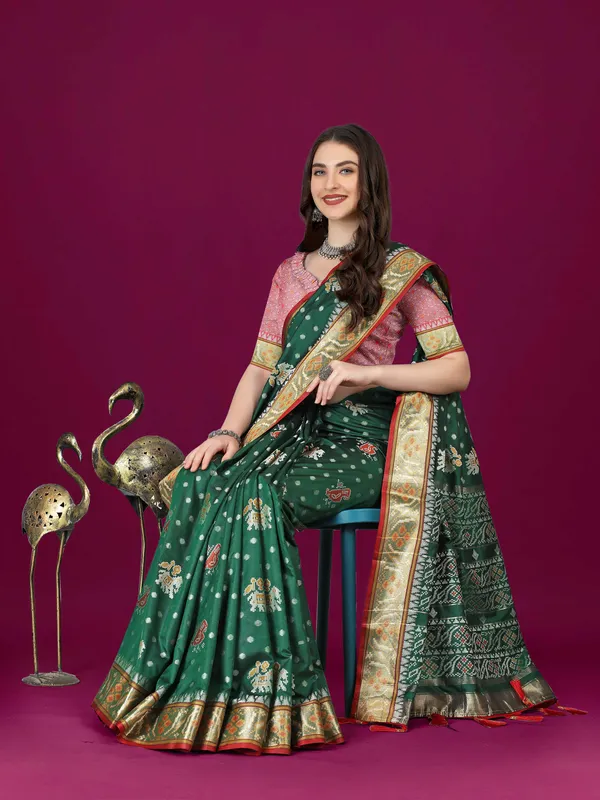 Olive_Green_Soft_Patola_Silk_Sari_With_Meenakari_Zari_Weaving_Motifs
