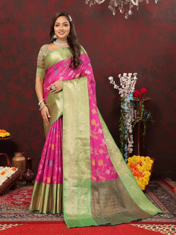 Pink_Soft_Cotton_With_Meenakari_Weaving_Design_Border_Saree