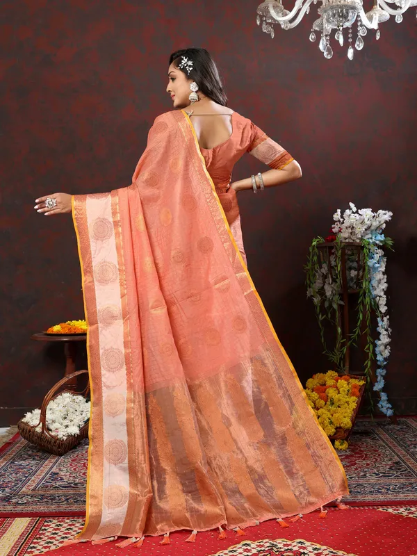 Peach_Soft_Cotton_With_Zari_Weaving_Design_And_Rich_Zari_Weaving_Pallu_Saree