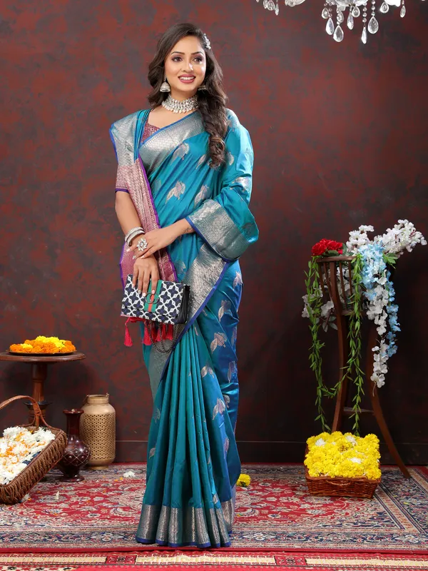 Teal_Soft_Silk_With_Zari_Weaving_Design_And_Rich_Zari_Weaving_Pallu_Border_Saree
