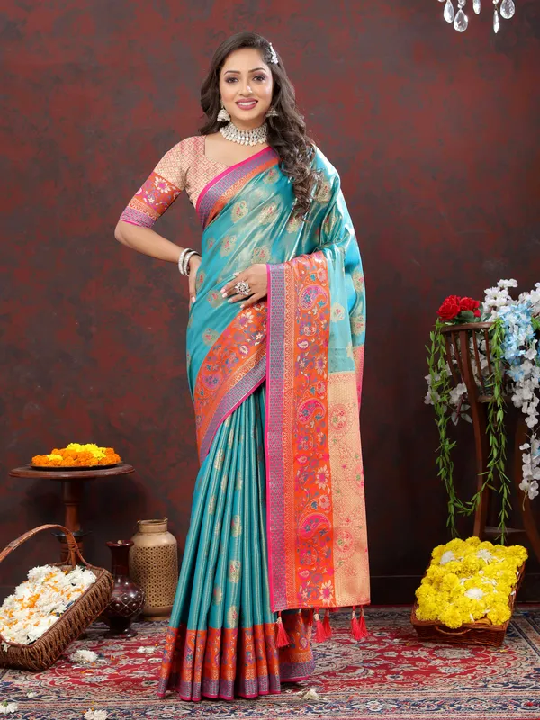 Sky_Blue_Soft_Kanjivaram_Silk_With_Zari_Weaving_Design_And_Rich_Zari_Weaving_Pallu_Border_Saree