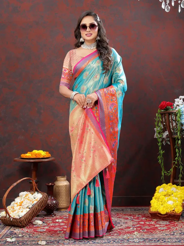 Sky_Blue_Soft_Kanjivaram_Silk_With_Zari_Weaving_Design_And_Rich_Zari_Weaving_Pallu_Border_Saree