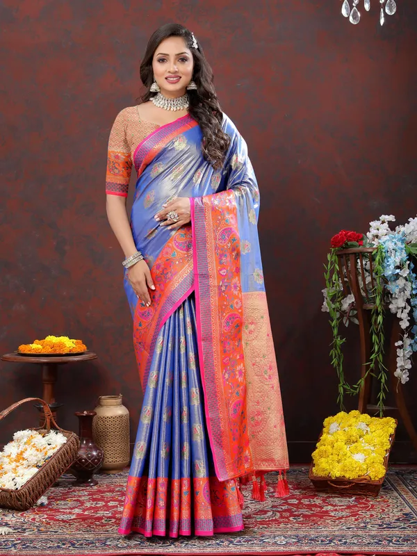 Blue_Soft_Kanjivaram_Silk_With_Zari_Weaving_Design_And_Rich_Zari_Weaving_Pallu_Border_Saree