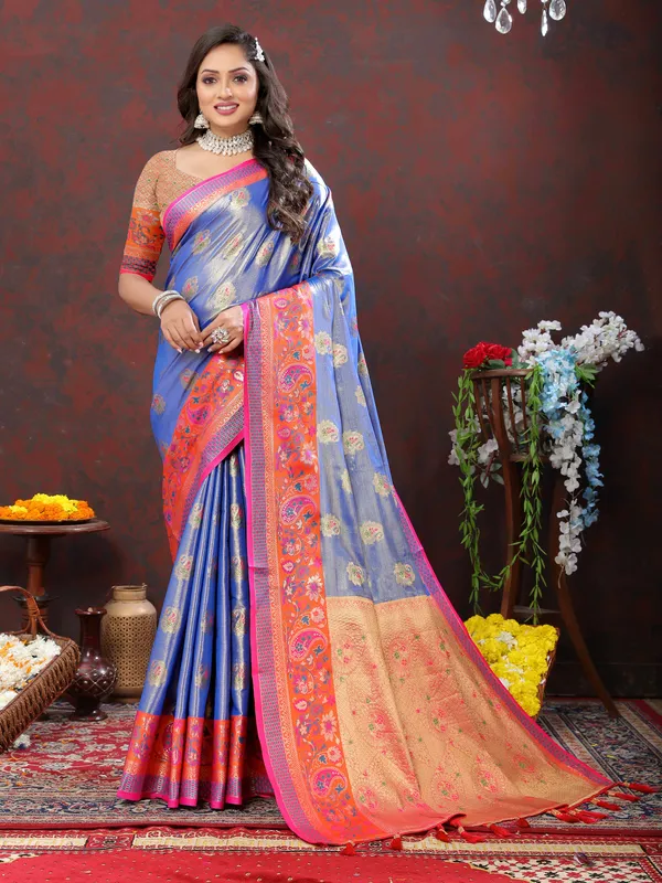 Blue_Soft_Kanjivaram_Silk_With_Zari_Weaving_Design_And_Rich_Zari_Weaving_Pallu_Border_Saree