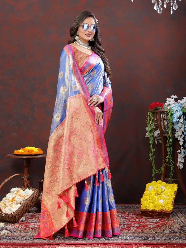 Blue_Soft_Kanjivaram_Silk_With_Zari_Weaving_Design_And_Rich_Zari_Weaving_Pallu_Border_Saree