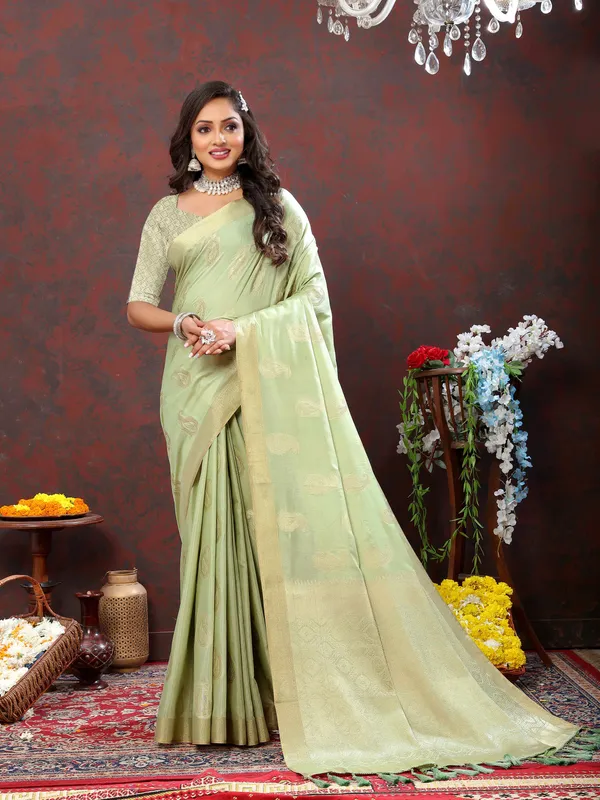Pista_Soft_Cotton_With_Zari_Weaving_Design_And_Rich_Zari_Weaving_Pallu_Saree