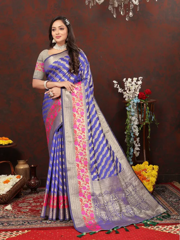 Blue_Soft_Silk_With_Gold_Zari_Weaving_Lehriya_Design_And_Rich_Zari_Weaving_Pallu_Weaving_Border_Saree