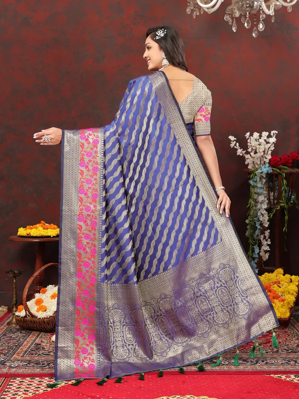 Blue_Soft_Silk_With_Gold_Zari_Weaving_Lehriya_Design_And_Rich_Zari_Weaving_Pallu_Weaving_Border_Saree