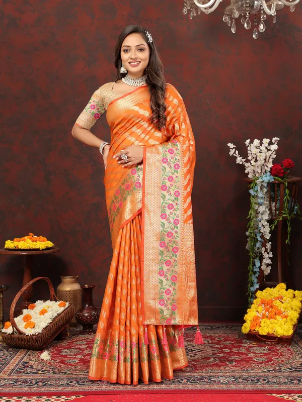 Orange_Soft_Silk_With_Gold_Zari_Weaving_Lehriya_Design_And_Rich_Zari_Weaving_Pallu_Weaving_Border_Saree