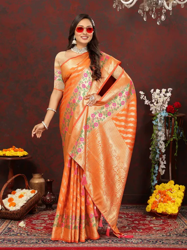 Orange_Soft_Silk_With_Gold_Zari_Weaving_Lehriya_Design_And_Rich_Zari_Weaving_Pallu_Weaving_Border_Saree