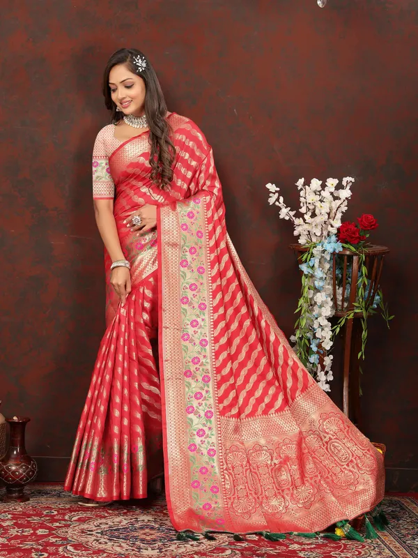 Red_Soft_Silk_With_Gold_Zari_Weaving_Lehriya_Design_And_Rich_Zari_Weaving_Pallu_Weaving_Border_Saree
