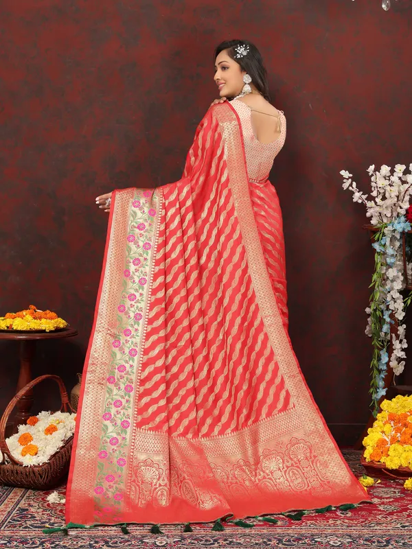 Red_Soft_Silk_With_Gold_Zari_Weaving_Lehriya_Design_And_Rich_Zari_Weaving_Pallu_Weaving_Border_Saree