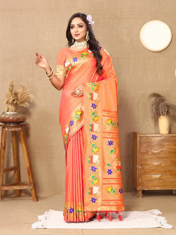 Peach_Soft_Paithani_Silk_With_Meenakari_Weaving_Design_And_Rich_Meenakari_Weaving_Pallu_Saree