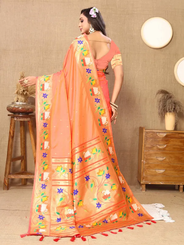 Peach_Soft_Paithani_Silk_With_Meenakari_Weaving_Design_And_Rich_Meenakari_Weaving_Pallu_Saree