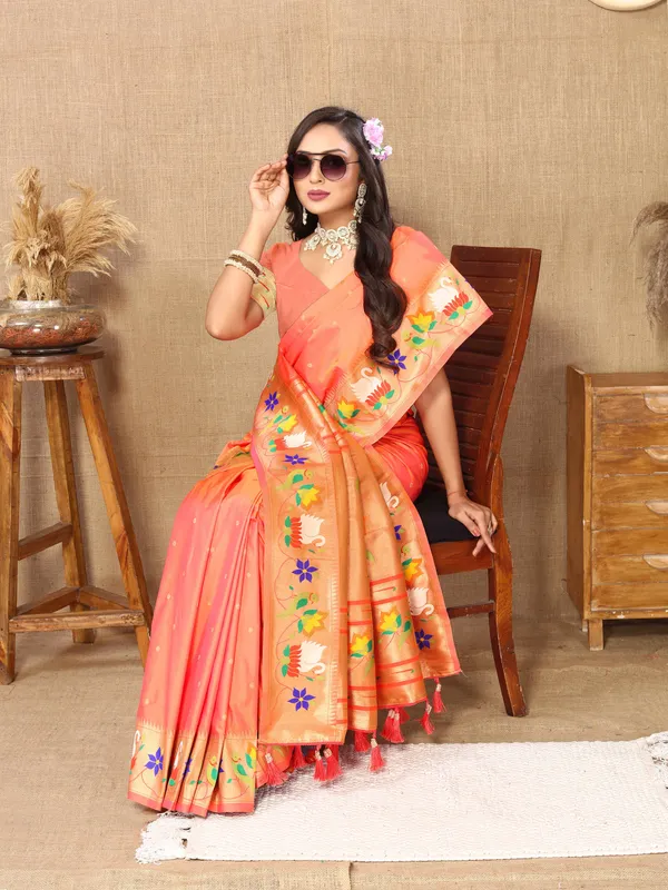 Peach_Soft_Paithani_Silk_With_Meenakari_Weaving_Design_And_Rich_Meenakari_Weaving_Pallu_Saree
