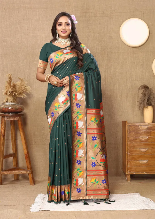 Olive_Green_Soft_Paithani_Silk_With_Meenakari_Weaving_Design_And_Rich_Meenakari_Weaving_Pallu_Saree