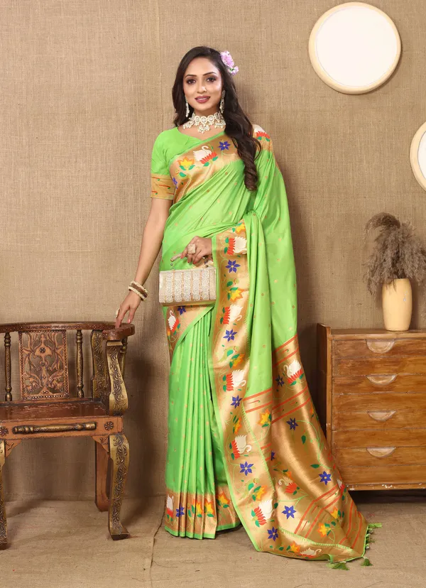 Parrot_Green_Soft_Paithani_Silk_With_Meenakari_Weaving_Design_And_Rich_Meenakari_Weaving_Pallu_Saree
