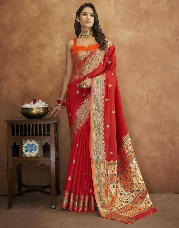Orange_Soft_Paithani_Silk_With_Meenakari_Weaving_Design_And_Rich_Meenakari_Weaving_Pallu_Saree