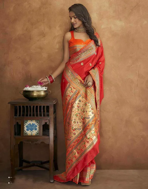 Orange_Soft_Paithani_Silk_With_Meenakari_Weaving_Design_And_Rich_Meenakari_Weaving_Pallu_Saree