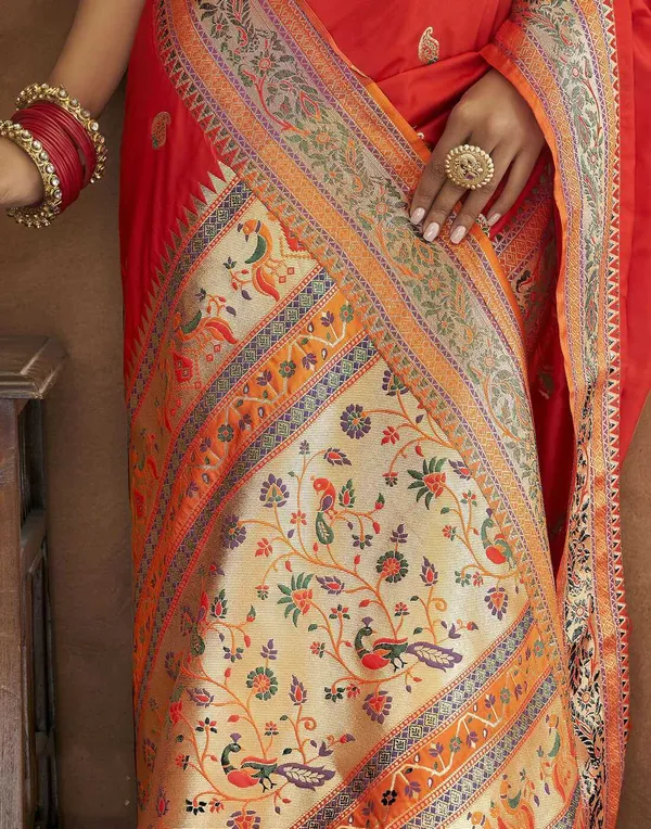 Orange_Soft_Paithani_Silk_With_Meenakari_Weaving_Design_And_Rich_Meenakari_Weaving_Pallu_Saree