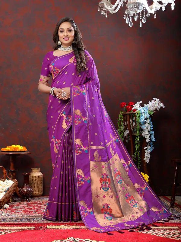 Majenta_Soft_Paithani_Silk_With_Copper_Zari_Weaving_Motifs_And_Rich_Zari_Weaving_Pallu_Saree