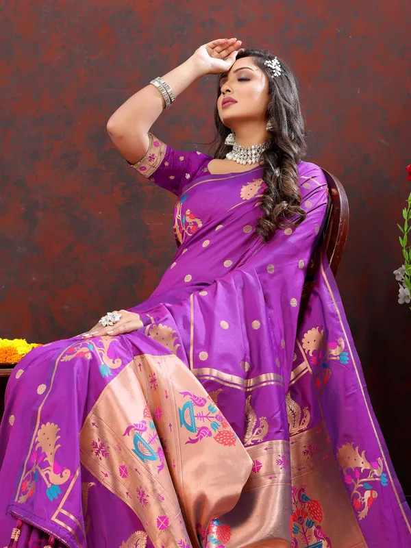 Majenta_Soft_Paithani_Silk_With_Copper_Zari_Weaving_Motifs_And_Rich_Zari_Weaving_Pallu_Saree