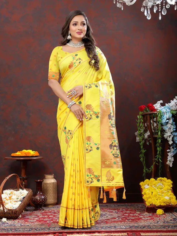 Yellow_Soft_Paithani_Silk_With_Copper_Zari_Weaving_Motifs_And_Rich_Zari_Weaving_Pallu_Saree