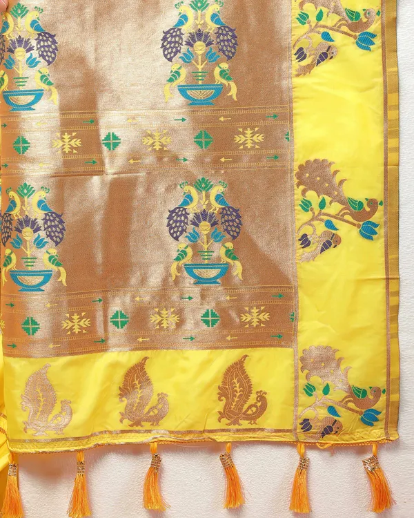 Yellow_Soft_Paithani_Silk_With_Copper_Zari_Weaving_Motifs_And_Rich_Zari_Weaving_Pallu_Saree