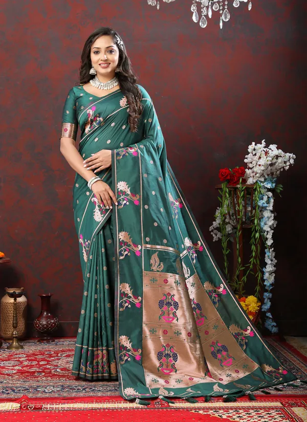 Green_Soft_Paithani_Silk_With_Copper_Zari_Weaving_Motifs_And_Rich_Zari_Weaving_Pallu_Saree