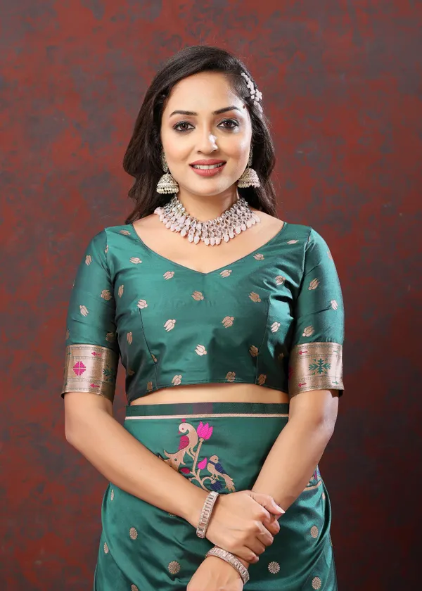 Green_Soft_Paithani_Silk_With_Copper_Zari_Weaving_Motifs_And_Rich_Zari_Weaving_Pallu_Saree